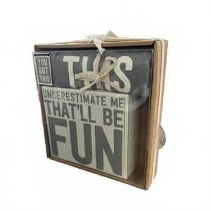 NEW PRIMITIVES BY KATHY “underestimate me” sign & towel set in grey